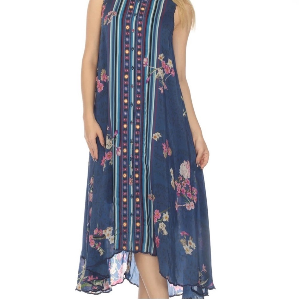 Johnny Was Navy and Pink Floral Sleeveless Maxi Dress, NWOT, L